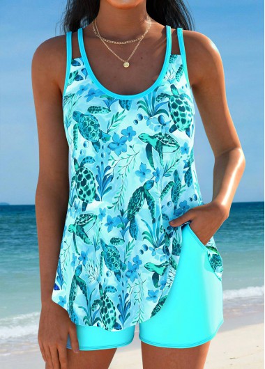 Modlily Curved Hem Light Blue Ocean Print Tankini Set - M