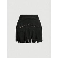 Women's Vintage Hippie Rivet Fringe Black Suede A-Line Skirt, Autumn Skirt,Nashville Outfits,Pirate Skirt