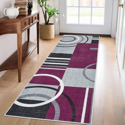 Garvee Modern Purple 2x6 Washable Runner Rug Modern Circle Pattern Non-Slip Low Pile Soft Fabric Durable Indoor Floor Carpet ...