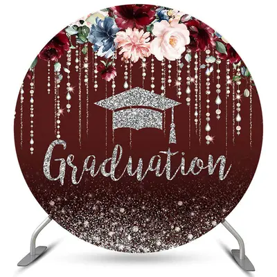 Aperturee Glitter Silver And Burgundy Flower Round Grad Backdrop | Grad Backdrops For Photography | Personalized Grad Backdro...