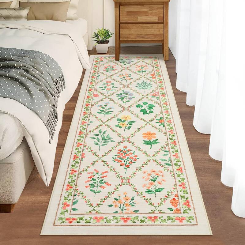 Garvee Washable 2x6 Runner Rug with Floral Diamond Pattern Non-Slip & Stain-Resistant 100% Polyester Soft Low Pile for Hallwa...