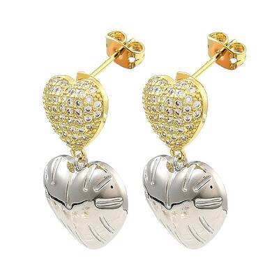 Rack Plating Brass Heart Dangle Stud Earrings with Cubic Zirconia