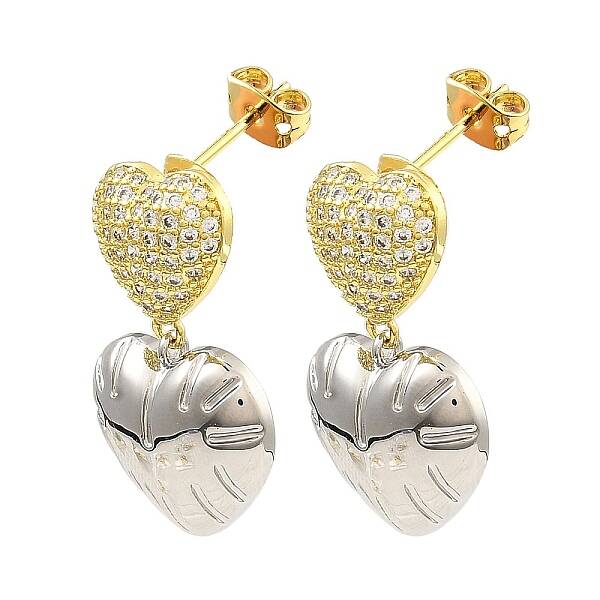 Rack Plating Brass Heart Dangle Stud Earrings with Cubic Zirconia