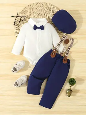 Three-Piece Set Baby Boy's Bow Decor Button Collar Bodysuit & Pocket Suspender Pants & Hat Set, Comfy Fashion Baby Boy Gentle...
