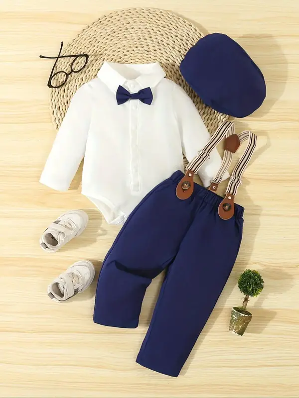 Three-Piece Set Baby Boy's Bow Decor Button Collar Bodysuit & Pocket Suspender Pants & Hat Set, Comfy Fashion Baby Boy Gentle...