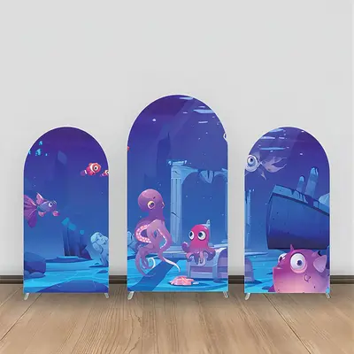 Blue Underwater Cute Animals Ruins Arch Backdrop Kit - Aperturee