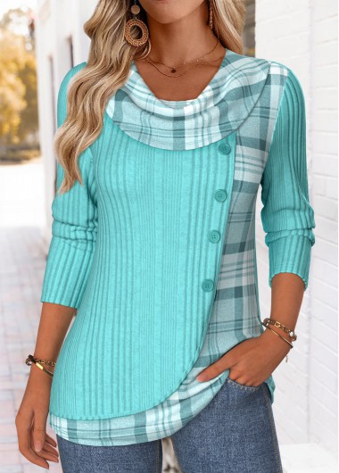 Modlily Cyan Patchwork Plaid Long Sleeve Draped Neck T Shirt - L