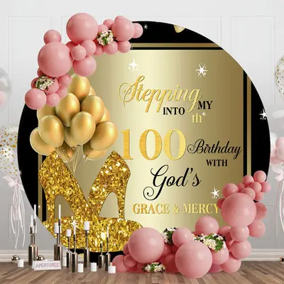 Black Golden Balloon Round 100th Birthday Backdrop - Aperturee