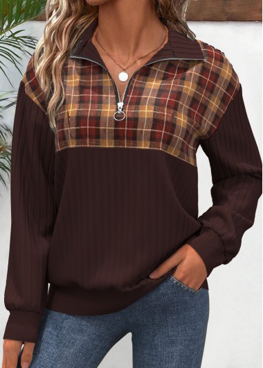 Modlily Dark Coffee Zipper Plaid Long Sleeve V Neck Sweatshirt - XXL