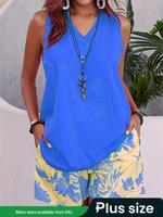 【Plus Size】 Two-Piece Set Notched Neck Tank Top & Floral Print Pocket Shorts, Casual Sleeveless Top & Shorts for Daily We...