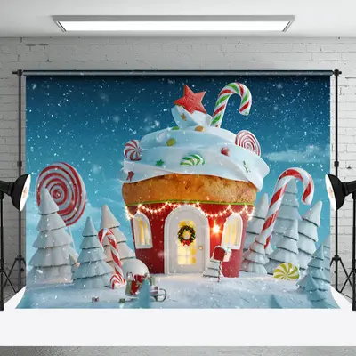 Aperturee Winter Snowy Field Cupcake House Christmas Backdrop - Aperturee
