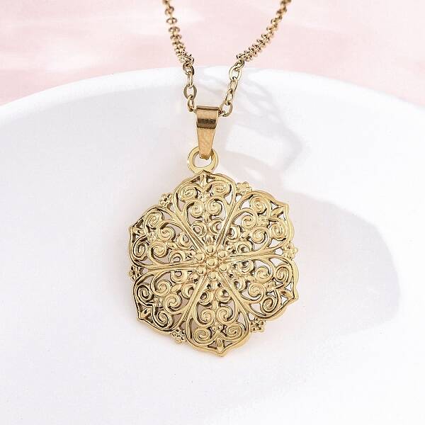 Hexagonal Flower 304 Stainless Steel Pendant Necklaces