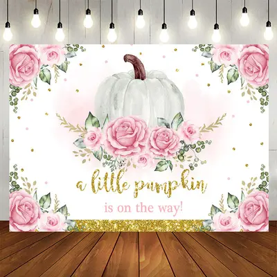 Aperturee Pink Floral Pumpkin On The Way Backdrop for Baby Shower