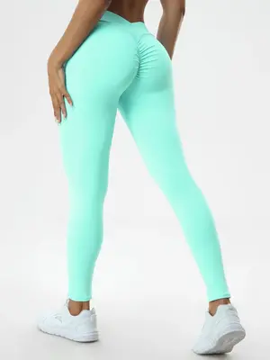 Women's High Waist Ruched Sports Leggings, Solid Yoga Legging Pants, Ladies Sportswear Clothing for Indoor Outdoor Wear, Plea...