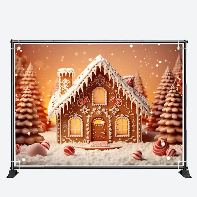 Cute Biscuit House And Xmas Trees Christmas Backdrop - Aperturee