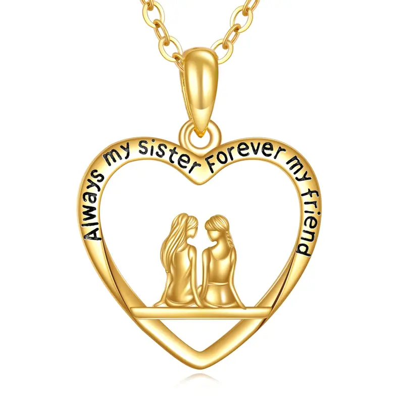 14K Gold Sisters & Heart Pendant Necklace with Engraved Word