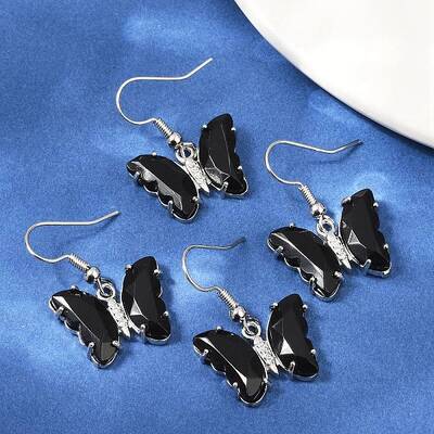 Natural Obsidian Brass Dangle Earrings