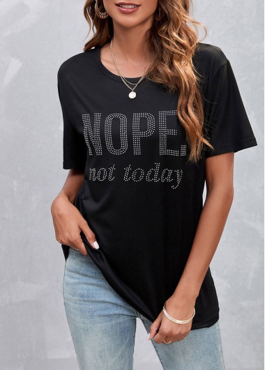 Modlily Hot Drilling Letter Design Black T Shirt - S