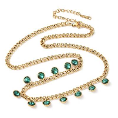 304 Stainless Steel Rhinestone Flat Round Tassel Twisted Chain Necklaces for Women
