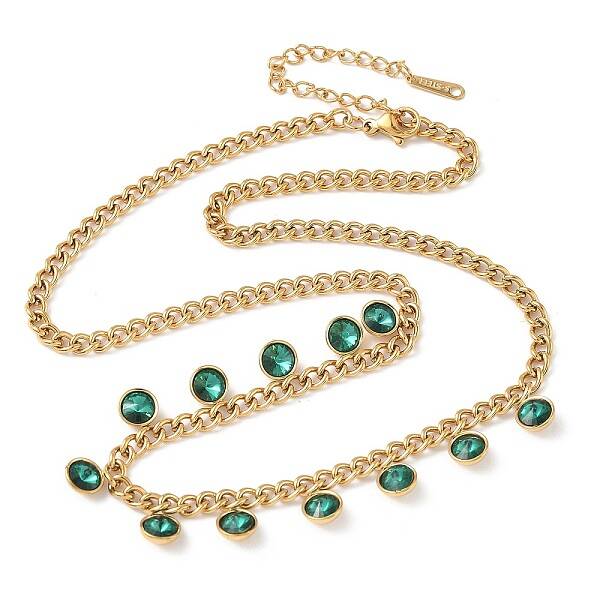 304 Stainless Steel Rhinestone Flat Round Tassel Twisted Chain Necklaces for Women