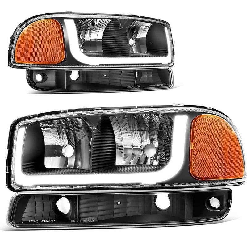 YITAMOTOR® LED DRL 1999 -2006 GMC Sierra / 2001-2006 GMC Yukon Headlights Assembly Black Housing Amber Reflector