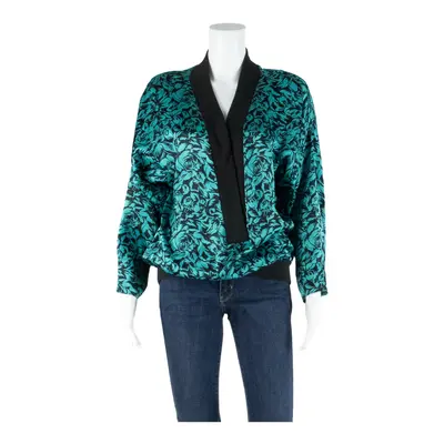 MICHEL COMPTE Womens Printed Top Blue V-Neck Long Sleeve Floral L