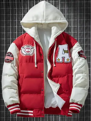 Men's Colorblock Letter Patched Drawstring Hooded Jacket, Regular Fit Casual Long Sleeve Button Front Pocket Outerwear for Fa...