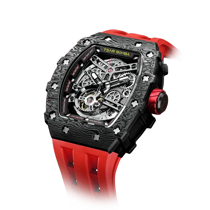 TSAR BOMBA Men's Automatic Watch | Carbon Fiber Luxury Skeleton Wristwatch | Passion Red | Elemental TB8208CF | Tonneau Mecha...