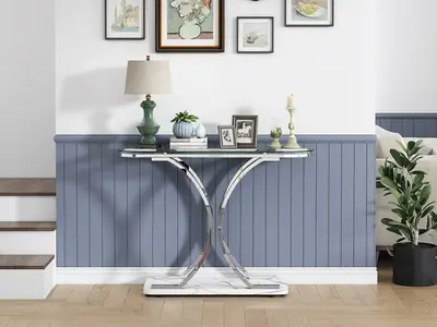 O&K FURNITURE Modern Console Tables for Entryway,Glass Entrance Table with Curved Frames and Marble Base, Chrome Glass Sofa T...
