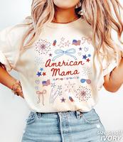 4th of July Mom Shirt American Mama Coquette Bow Tee Funny Graphic Tee Women's 100% Cotton Top Chic Everyday Fit Size Small I...