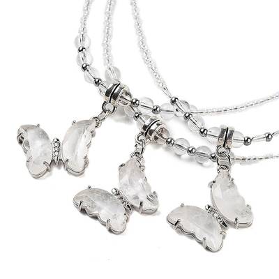 Natural Quartz Crystal Rock Crystal Faceted Butterfly  Pendant Necklaces