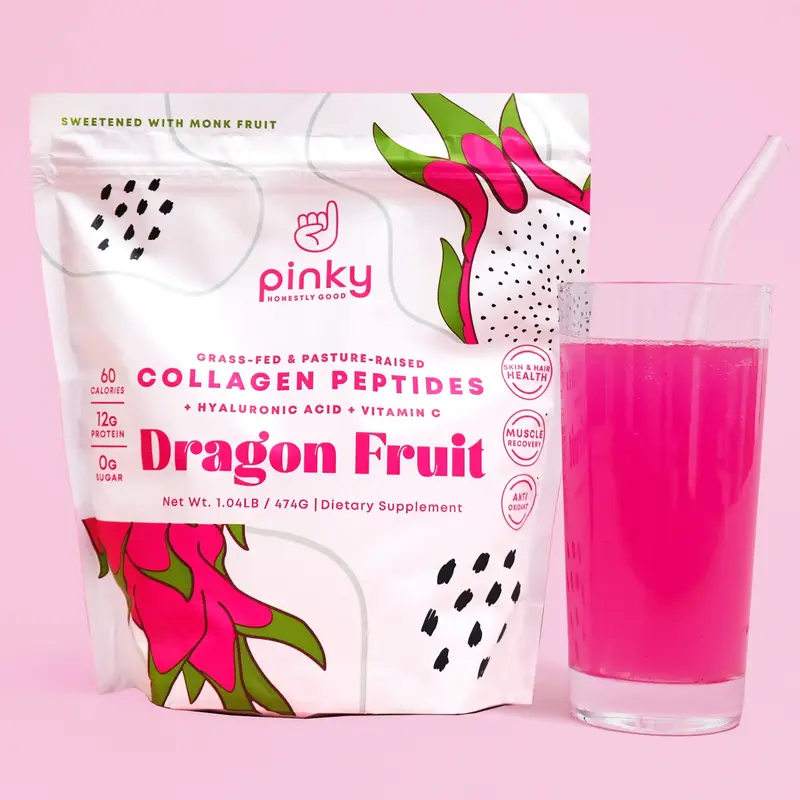 Pinky Collagen Peptides with Hyaluronic Acid and Vitamin C, Dragon Fruit Flavor, High in Protein, Zero Sugar, Supports Skin, ...