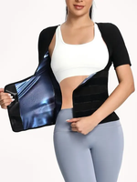 Women's Plain Velcro Waistband Sports Sauna Tee, Slim-fitting Solid Color Short Sleeve Tummy Control Sweat Body Shaper, Gym T...