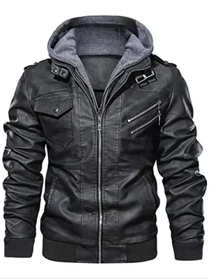 Men's Plain Long Sleeve Hooded PU Leather Jacket, Casual Regular Fit Pocket Zipper Design Bomber Jacket, Men's Winter Jackets...