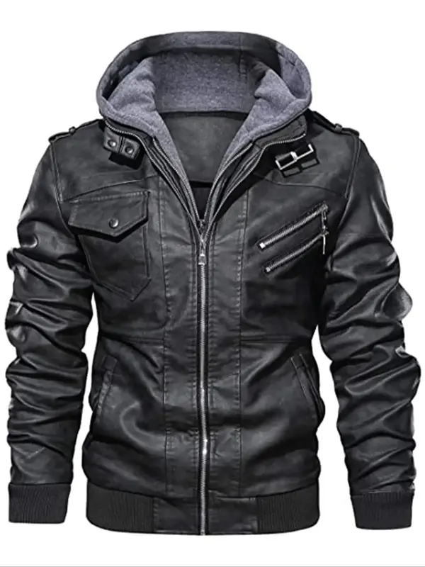 Men's Plain Long Sleeve Hooded PU Leather Jacket, Casual Regular Fit Pocket Zipper Design Bomber Jacket, Men's Winter Jackets...