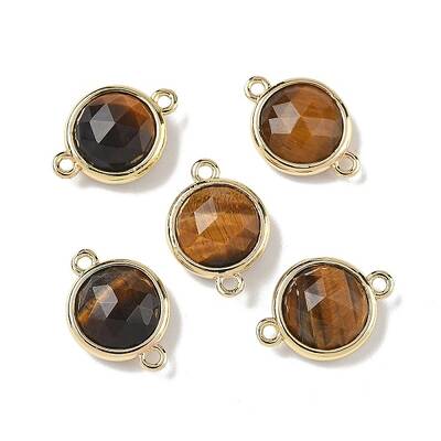 Brass Pave Natural Tiger Eye Faceted Flat Round Connector Charms