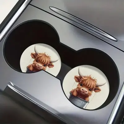 Cute Highland Cow Pattern Car Coaster, Round Anti-slip Cup Holder Pad, Universal Car Interior Accessory Decoration for Women ...