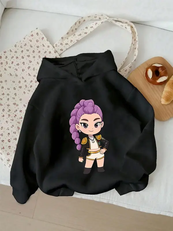 Girls' Kpop Hunter Series Hoodie, Long Sleeve Cartoon Print Pullover, Casual Comfortable Spring & Fall Fashion, Fitted Style