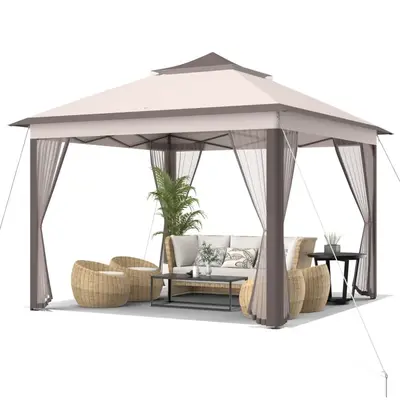 COSTWAY 11x11 Ft Pop up Gazebo, 2-Tier Patio Gazebo with Netting, Carry Bag, Easy Set up Outdoor Gazebo with 121 Square Feet ...