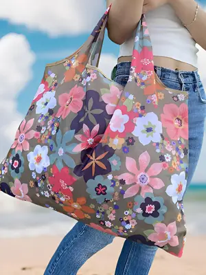 Floral Pattern Tote Bag, Summer 2024 Large Capacity All Over Print Shopping Bag for Women & Men, Casual Trendy Versatile High...