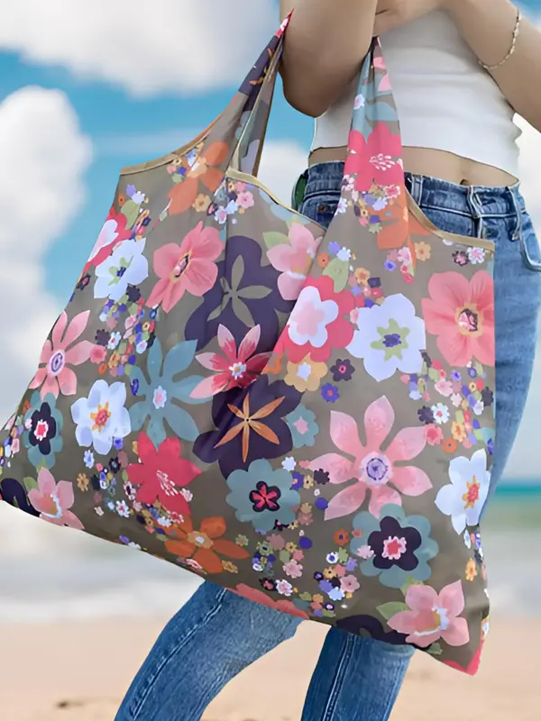 Floral Pattern Tote Bag, Summer 2024 Large Capacity All Over Print Shopping Bag for Women & Men, Casual Trendy Versatile High...