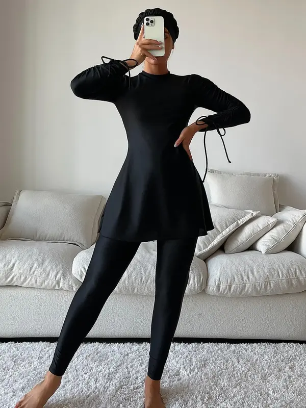 Women's Solid Long Sleeve Swim Top & Elastic Waist Leggings Two-piece Set, Casual Fashion Cozy Muslim Outfits for Daily Wear,...
