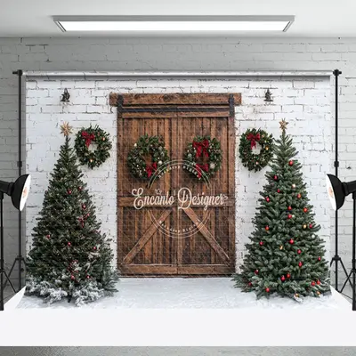 Aperturee White Bricks Wall Wood Door Trees Christmas Backdrop | Christmas Backdrops For Photography | Christmas Scenic Backg...