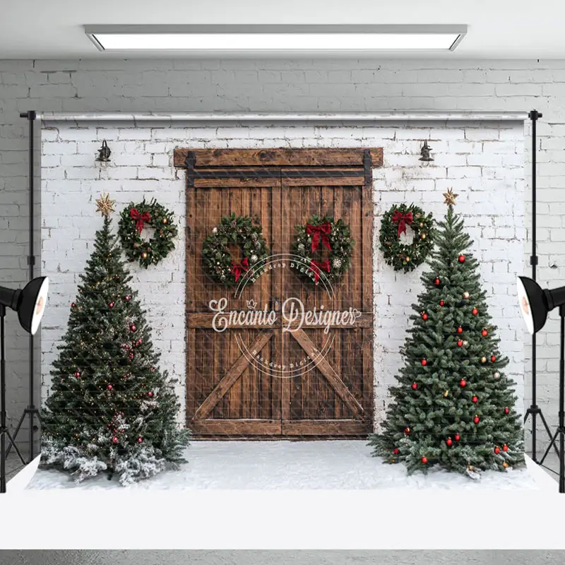 Aperturee White Bricks Wall Wood Door Trees Christmas Backdrop | Christmas Backdrops For Photography | Christmas Scenic Backg...