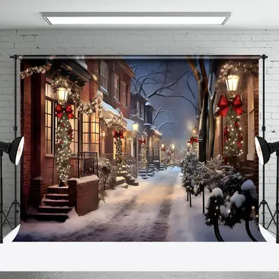 Aperturee Winter Snowy Street Festive Lights Cozy Backdrop