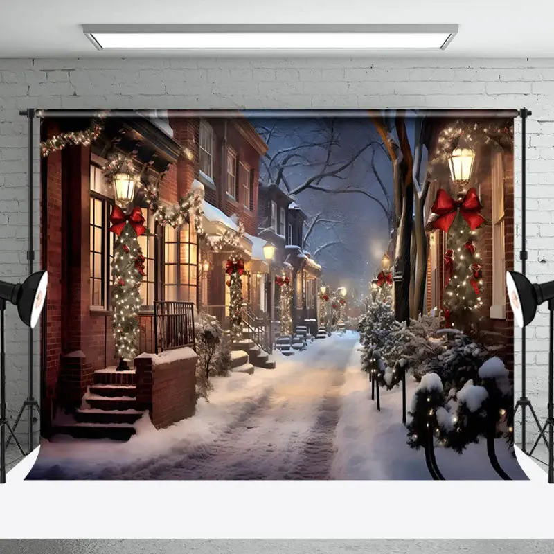 Aperturee Winter Snowy Street Festive Lights Cozy Backdrop