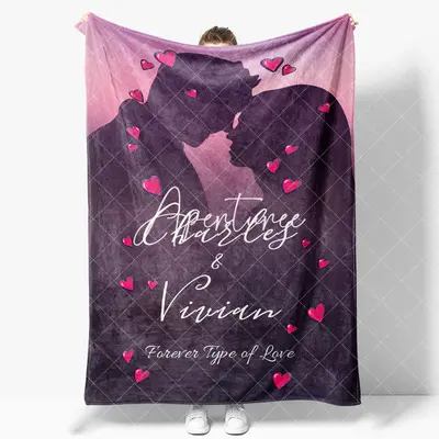 Aperturee Romantic Couple Silhouette Hearts Custom Name Blanket, 30x40in(76x102cm), 26 USD, name blankets, XQBD1X30-S