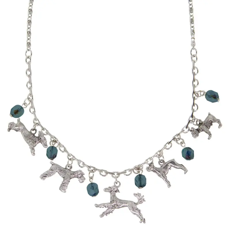 Silver Tone Blue Crystal Beaded Multi Dog Drop Necklace 16\