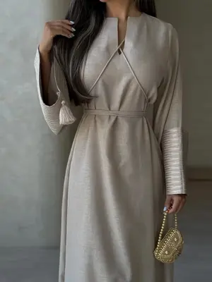 Women's Plain Embroidering Belted Notched Neck Dress, Elegant Flounce Sleeve A Line Long Dress for Vacation Holiday Party, La...