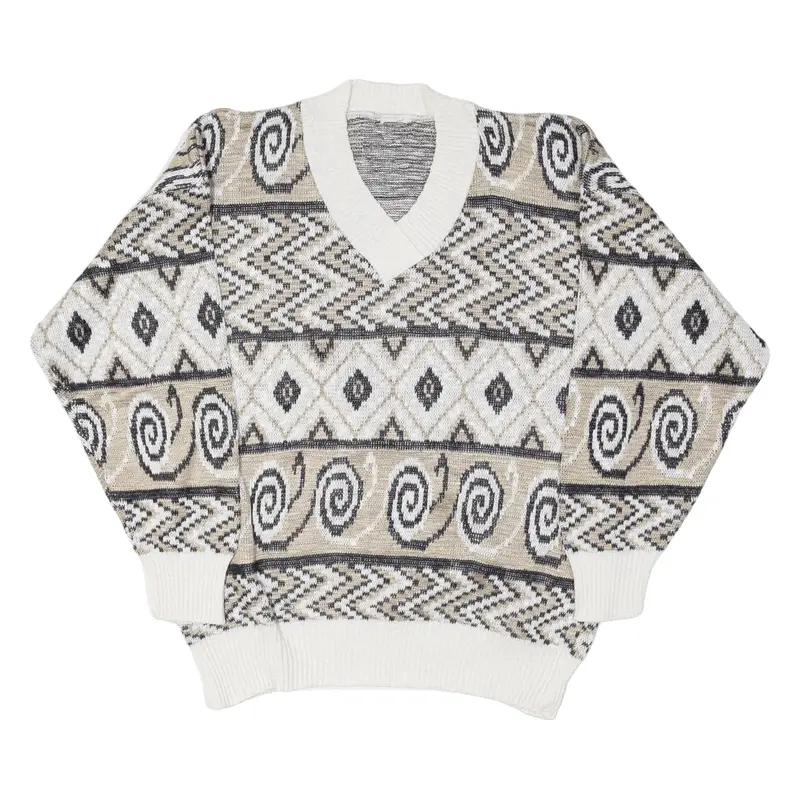 Patterned Jumper Beige Crazy Pattern Tight Knit V-Neck Womens M